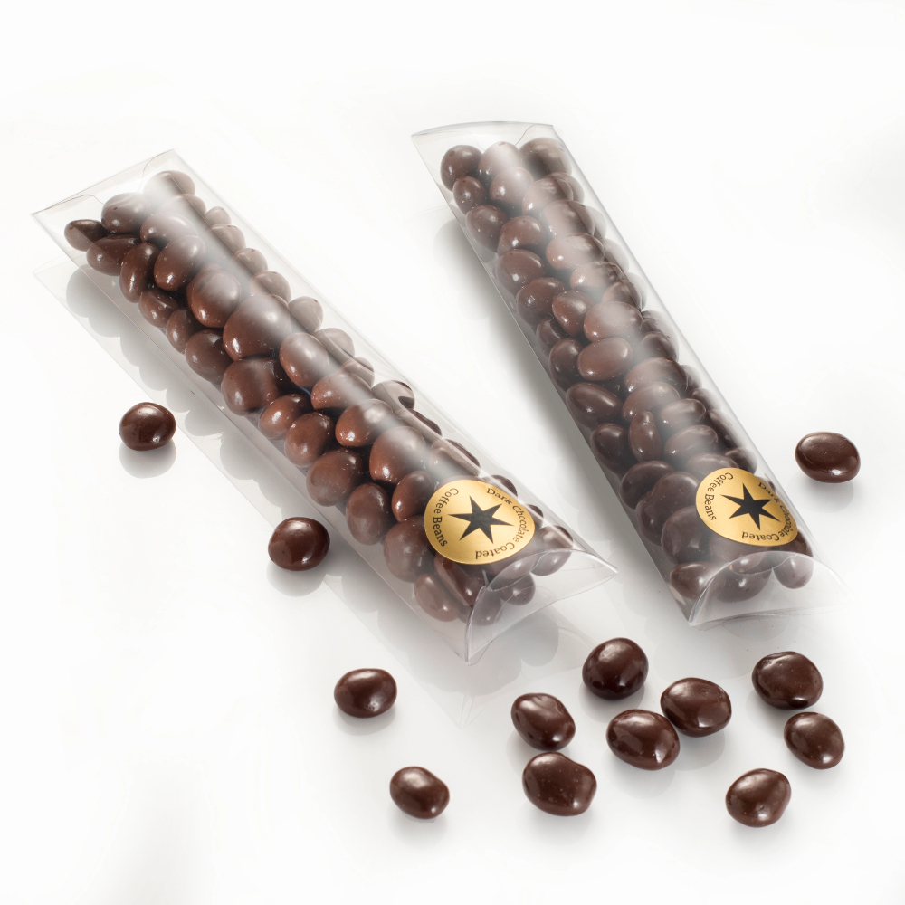 Whole coffee beans coated in smooth dark chocolate